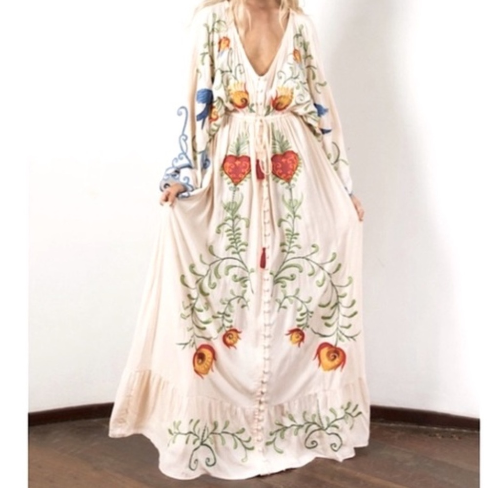 Boho Embroidered Hearts Floral Birds Long Maxi Kimono Dress - Picture 4 of 16